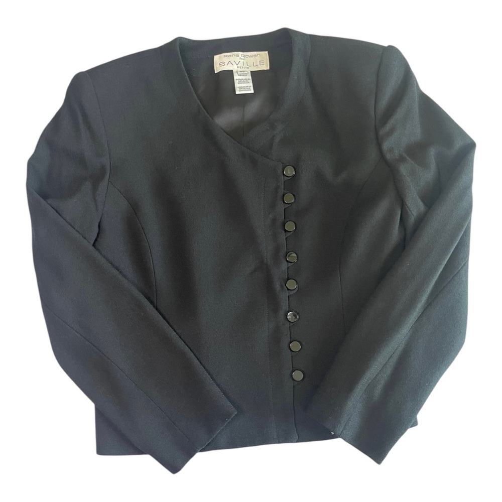VTG Rena Rowan Saville Black 100% Wool Collarless Jacket Sz 8 Pet Asym Button Up